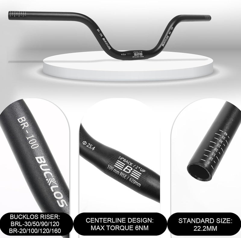 BUCKLOS Mountain Bike Handlebars 25.4mm - 20/100mm Rise MTB Aluminum Alloy Handlebar - 620/720mm Extra Long Bicycle Riser HandleBars for E-Bike Folding Bike Downhill Racing. - Image 3